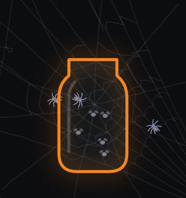 The jar outlined in glowing ember, fully charged, spiders walking the glass